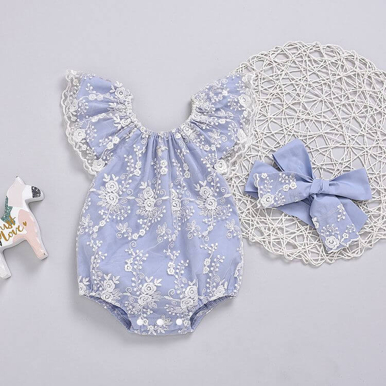 Mesh-layered Flutter Sleeve Lace Baby Romper 1 Mesh-layered Flutter Sleeve Lace Baby Romper