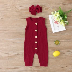 Ribbed Girls Jump Suit with Head-bow